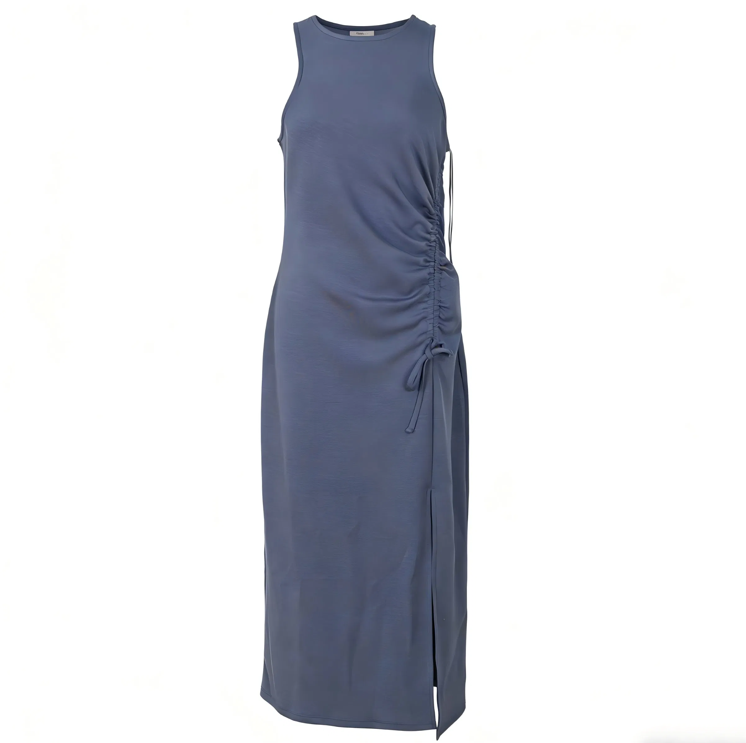 Vestido Midi Casual Sem Mangas com Cintura Franzida em Tecido Scuba Macio e Elástico para Mulheres