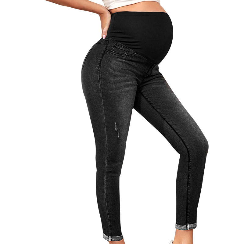 Calças de cintura alta de denim para mulheres grávidas europeias e americanas, calças skinny da moda com pernas pequenas e elásticas, mamãe estilosa