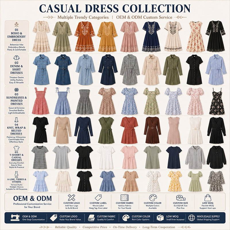 Vestido de Verão Leve ODM para Mulheres, Manga Curta, Vestido Casual Respirável para Coleção de Moda Sazonal
