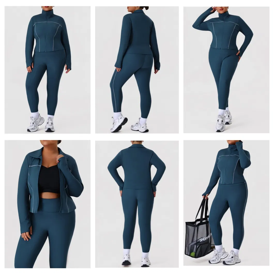 Jaqueta Esportiva Plus Size para Mulheres + Calças Conjunto de Yoga Academia