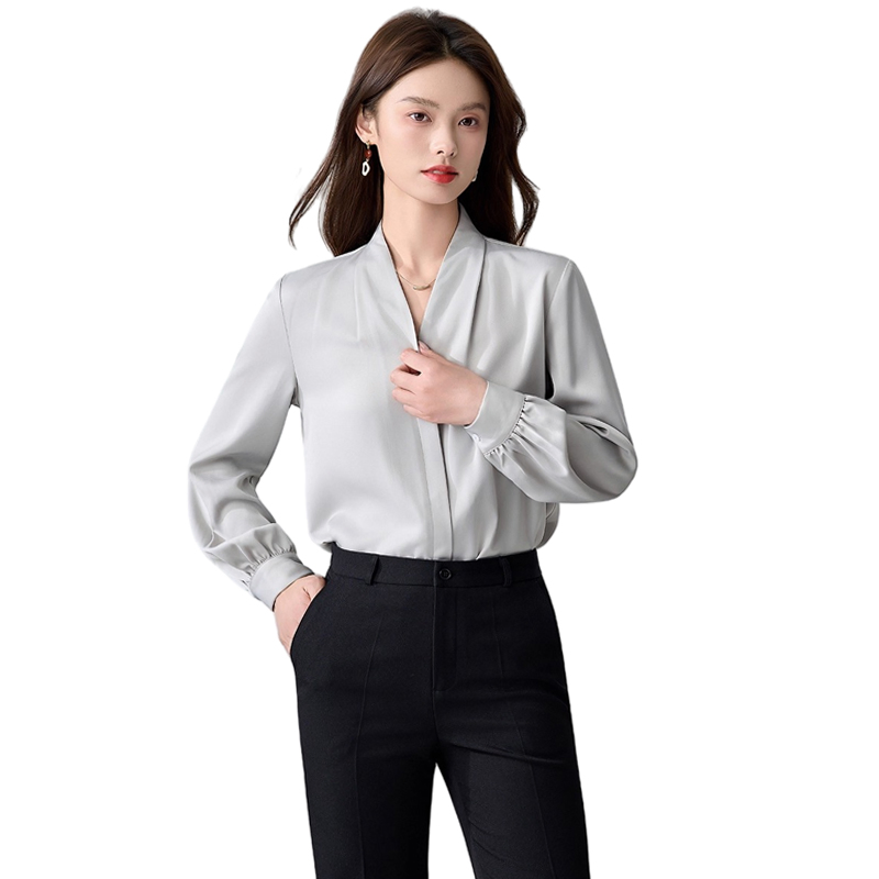 Blusas elegantes de manga longa em poliéster com decote em V para mulheres para reuniões de negócios