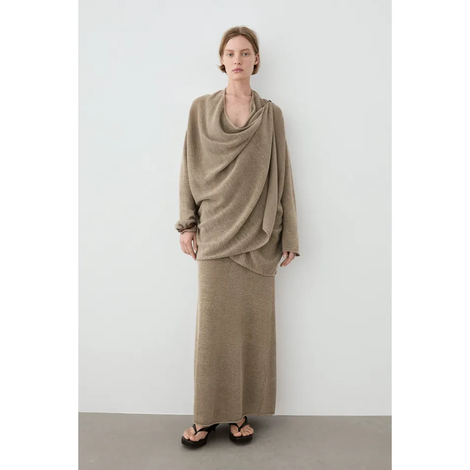 Cardigã de Linho Misturado Estilo Cape para Férias, Suave, com Gola Cowl Drapada, Vintage, Elegante, Luxuosa, Top de Malha para Mulheres, Moda Feminina, Malharia por Atacado