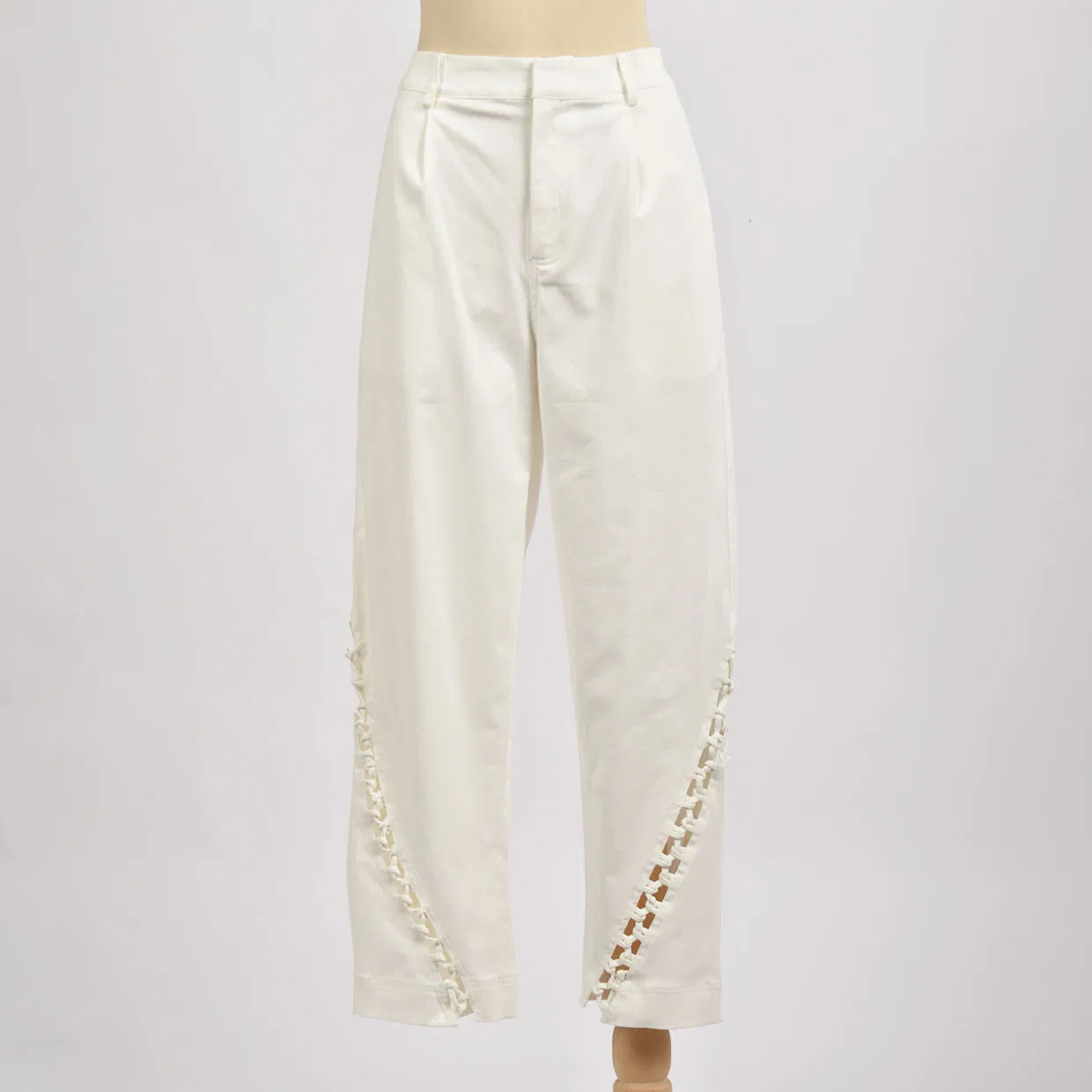 Calças cropped de cintura alta off white com recortes laterais, calças soltas plissadas para escritório, modelo reto para mulheres, personalização OEM