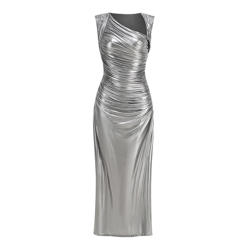 Vestido Longo de Festa Plissado de Cintura Alta Justo para Mulheres