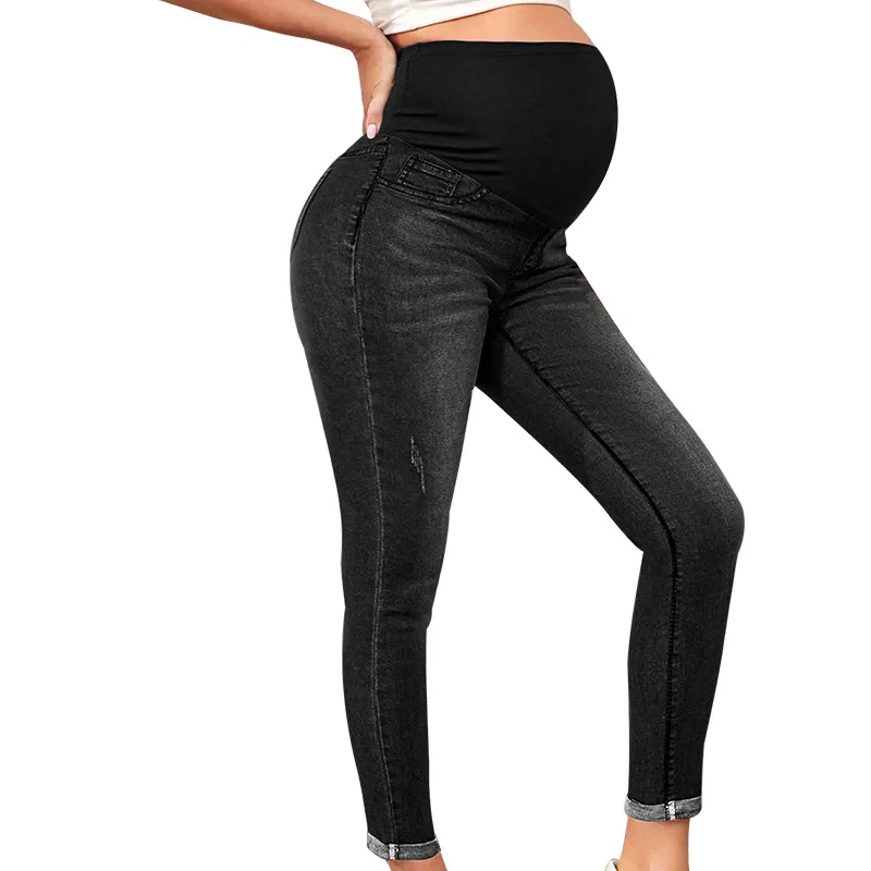 Calças de cintura alta de denim para mulheres grávidas europeias e americanas, calças skinny da moda com pernas pequenas e elásticas, mamãe estilosa