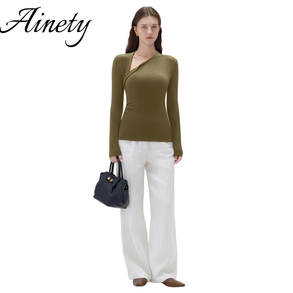 Suéter Elegante para Mulheres Camisetas de Malha Modal Blusa de Manga Longa