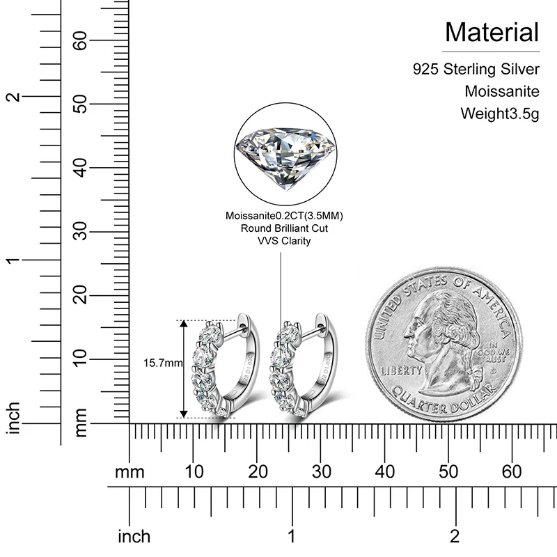 Estilo Urbano de Moda 0.2CT 925 Brincos Huggie Hoop de Prata Esterlina com Diamante Moissanite Vvs para Mulheres
