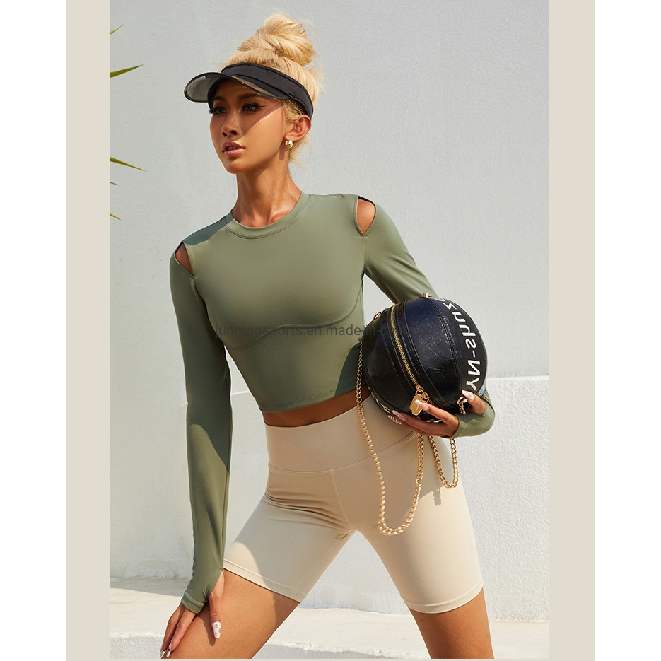 Camisetas de Yoga Femininas Populares de Manga Longa com Almofada no Peito Roupas de Fitness Sexy para Esportes Roupas Casuais