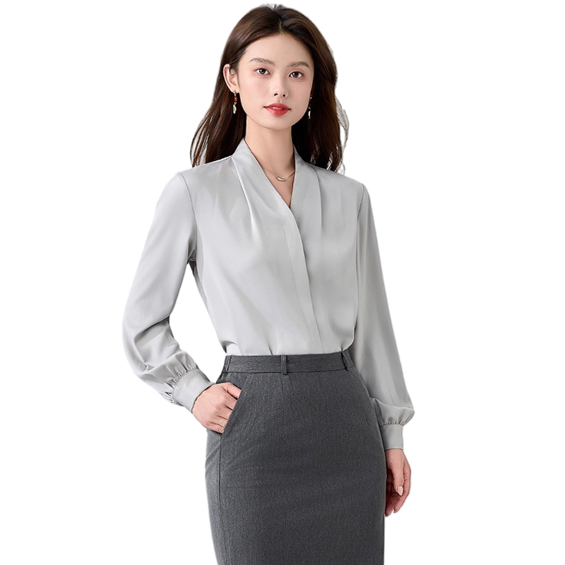 Blusas elegantes de manga longa em poliéster com decote em V para mulheres para reuniões de negócios