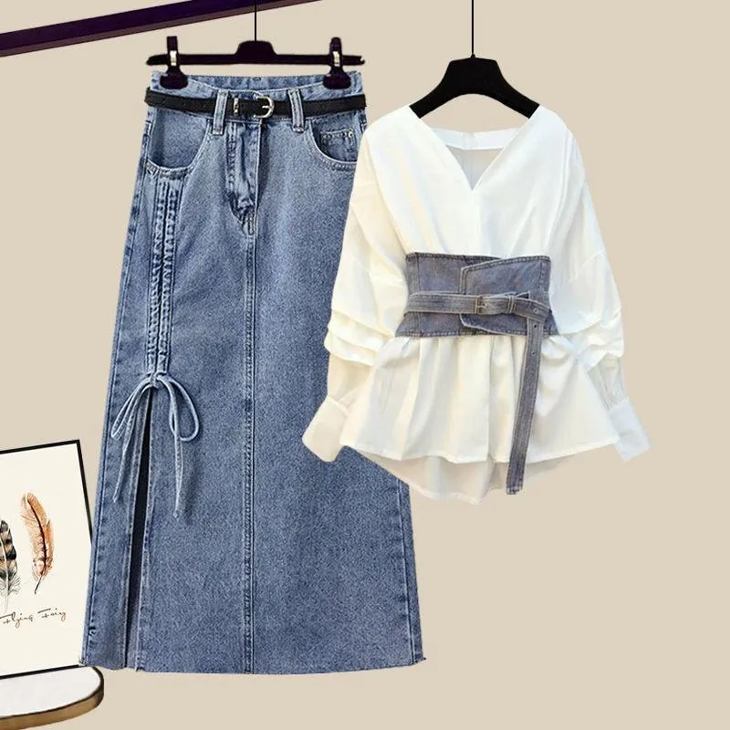 Conjunto de Roupas de Camisa com Cintura Fina e Saia de Jeans para Mulheres Plus Size OEM
