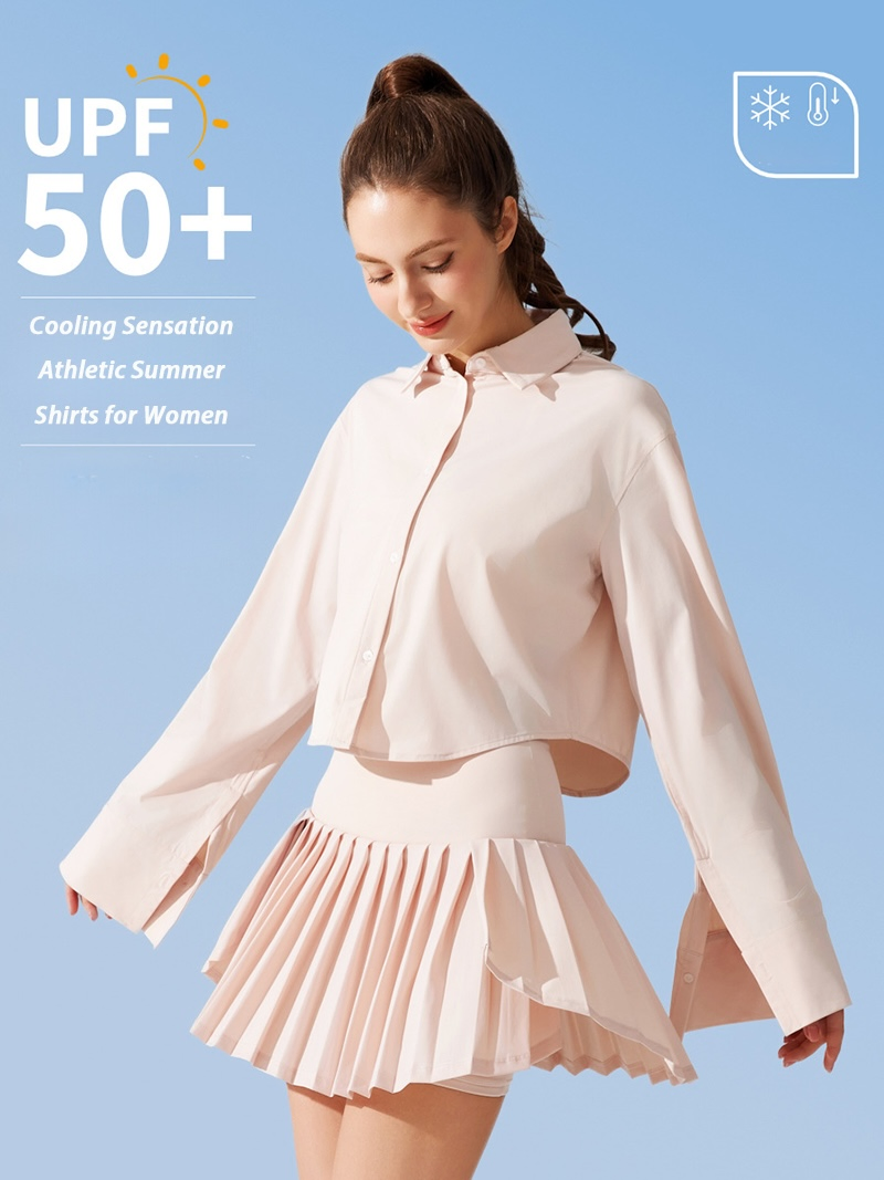 Roupas de Verão para Camping ao Ar Livre e Navegação com Proteção UV 50+ Camisas de Manga Longa para Mulheres, Blusas de Yoga com Alta Elasticidade e Botão