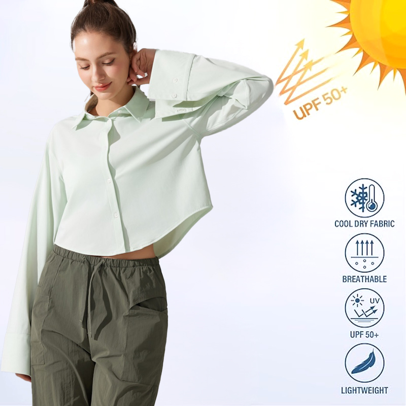 Roupas de Verão para Camping ao Ar Livre e Navegação com Proteção UV 50+ Camisas de Manga Longa para Mulheres, Blusas de Yoga com Alta Elasticidade e Botão
