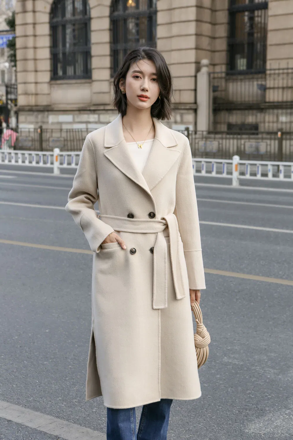 Tecido de Casaco de Lã e Poliéster para Mulheres, Trench Coats Femininos