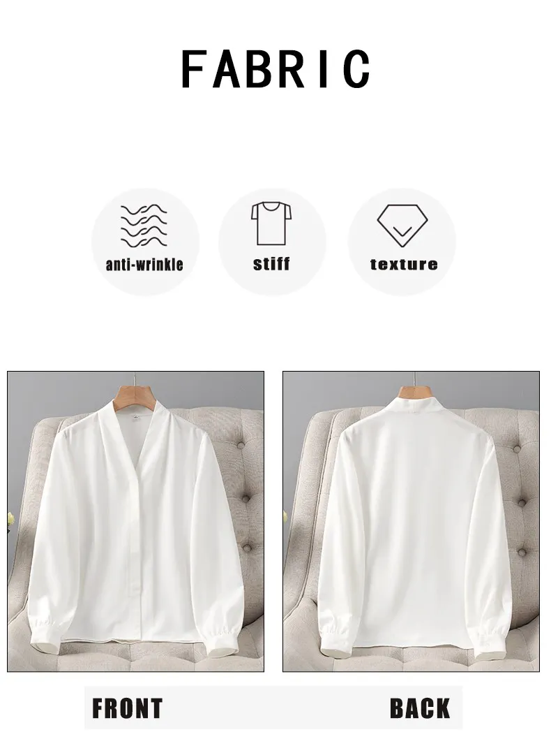 Blusas elegantes de manga longa em poliéster com decote em V para mulheres