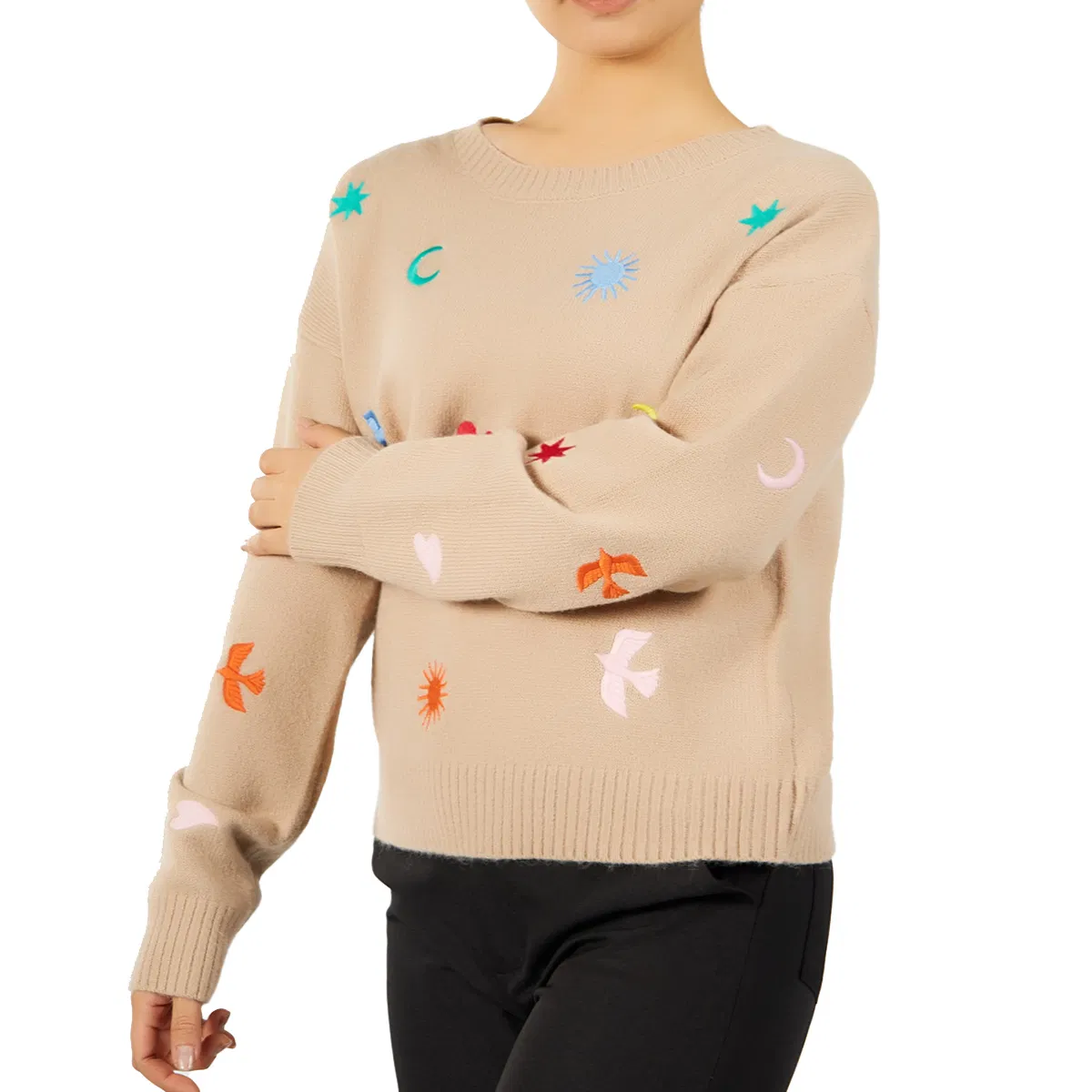 Suéter de Inverno Feminino Personalizado, Pulôver de Gola Redonda Bordado Fofo, Tricô em Tom Apricot