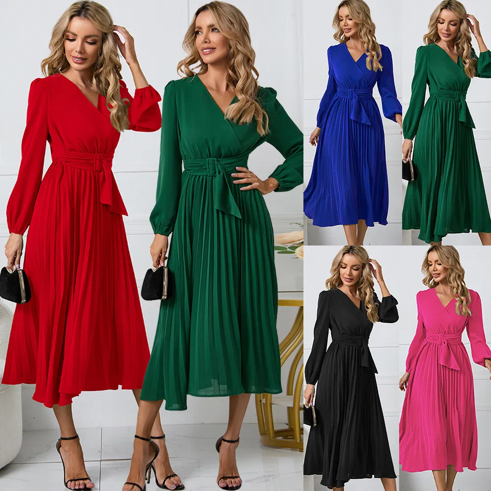Fábrica OEM por atacado personalizada moda mulheres senhoras vestido longo de chiffon plissado para festa à noite