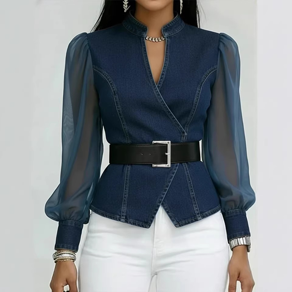 Blusa de Denim com Gola Alta para Mulheres, Manga Longa Puff Transparente e Cinto na Cintura Correspondente