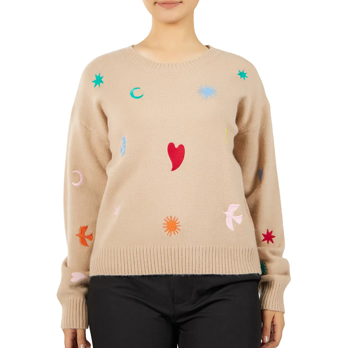 Suéter de Inverno Feminino Personalizado, Pulôver de Gola Redonda Bordado Fofo, Tricô em Tom Apricot
