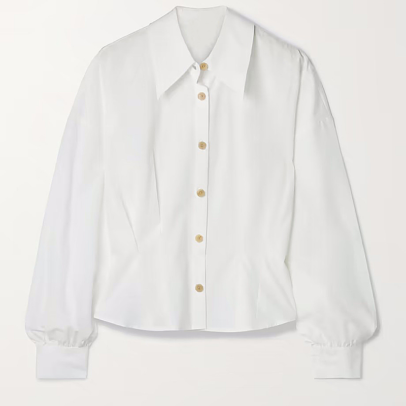 Blusa branca de manga bufante com gola redonda estilo francês para mulheres