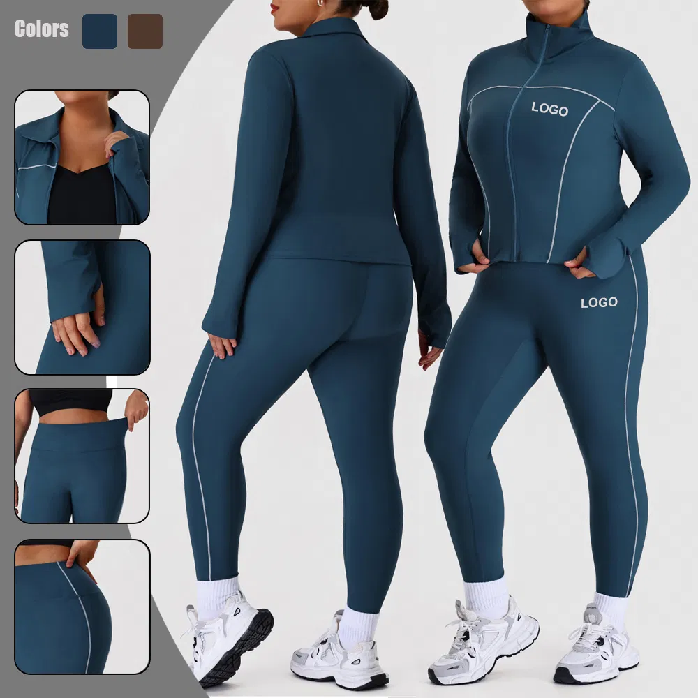 Jaqueta Esportiva Plus Size para Mulheres + Calças Conjunto de Yoga Academia