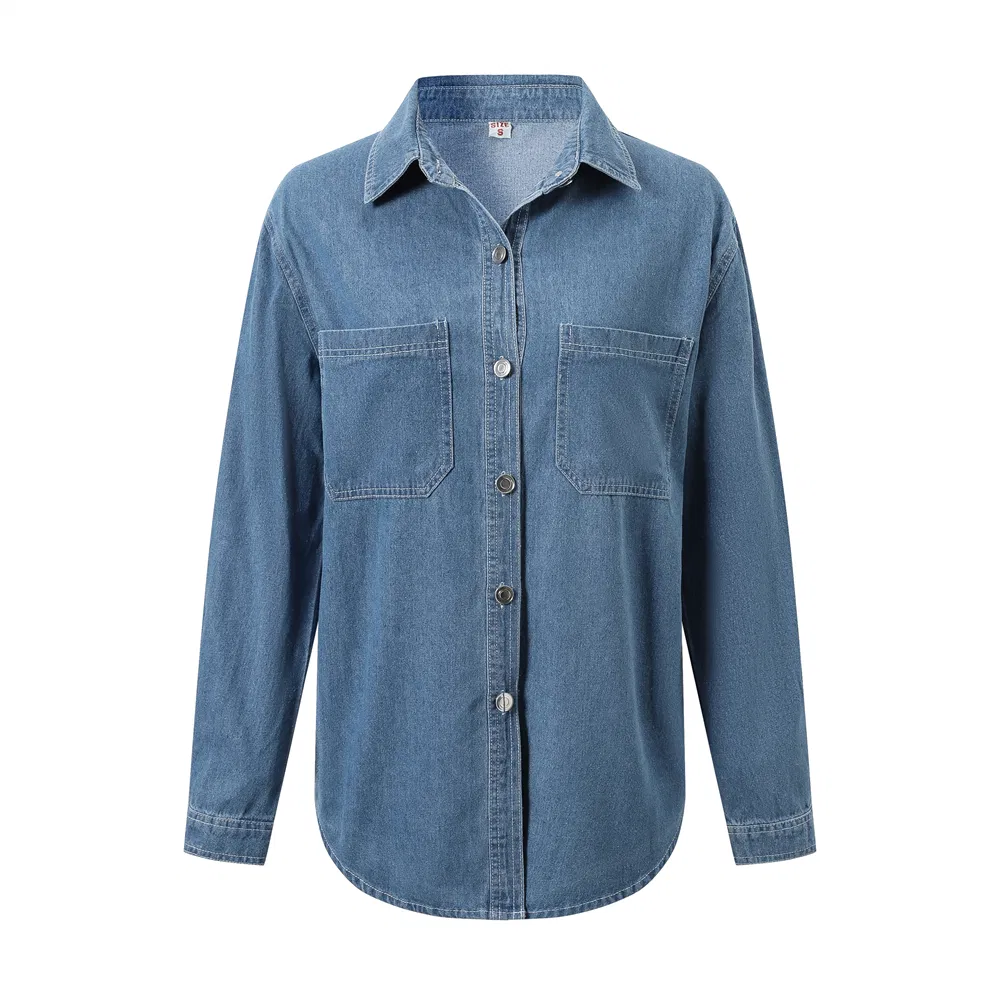 Camisa de Denim Azul Lavado Estilo Americano Personalizada para Mulheres com Bolso