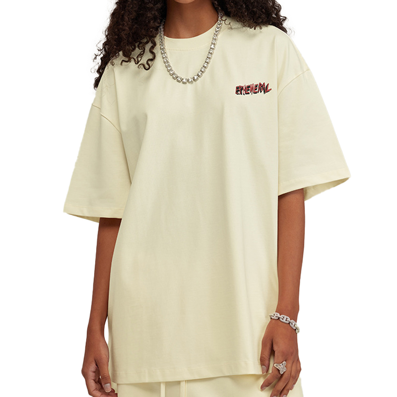 Novas Chegadas Atacado Verão Mulheres 100%Cotton 305GSM Casual Manga Curta Mulheres Estampado Roupas Largas