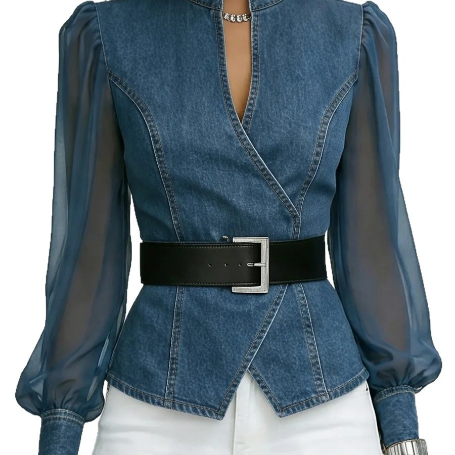 Blusa de Denim com Gola Alta para Mulheres, Manga Longa Puff Transparente e Cinto na Cintura Correspondente