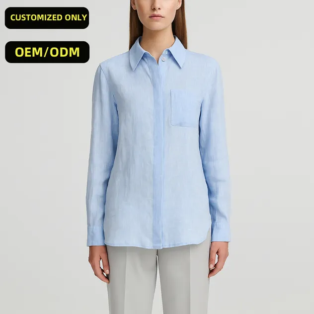 Blusa de Linho Elegante de Manga Longa Personalizada para Mulheres