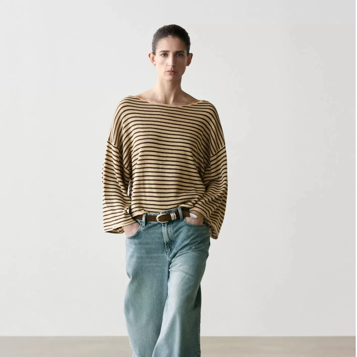 Suéter feminino casual de malha com gola barco listrada, solto, de algodão, novo estilo, manga longa, fabricação de roupas femininas por atacado