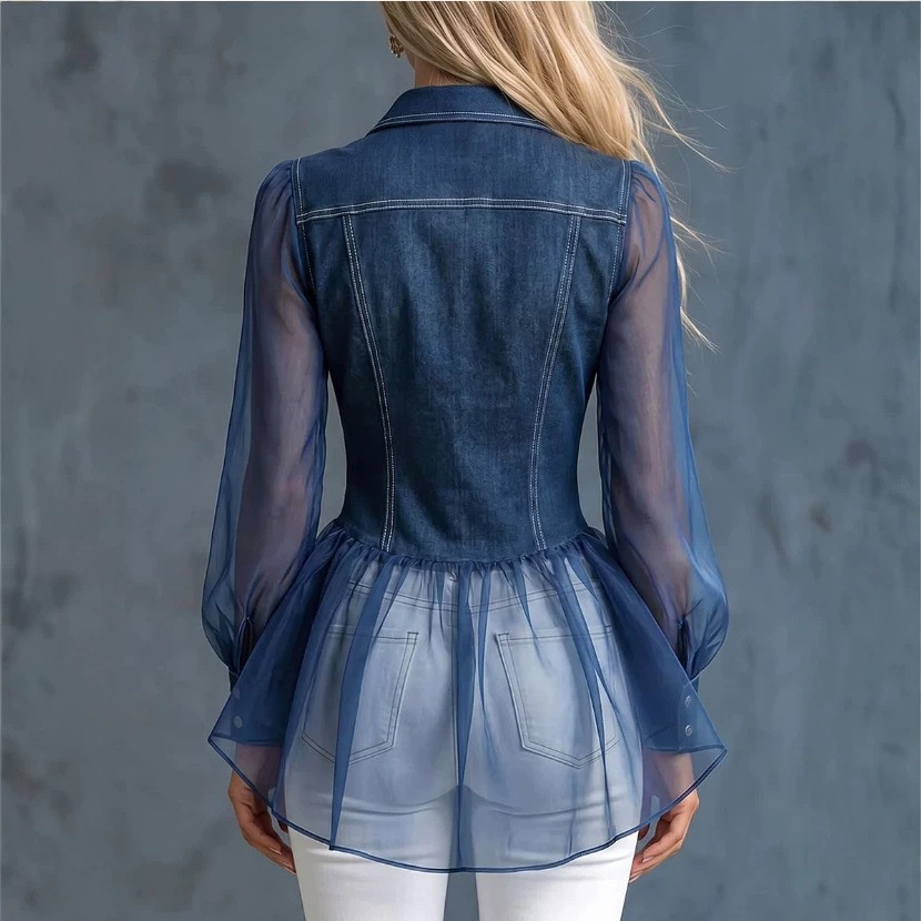 Camisa de Denim com Gola Pontuda para Mulheres, Manga Puff Transparente, Peplum, Cintura Ajustada, Blusa de Botão
