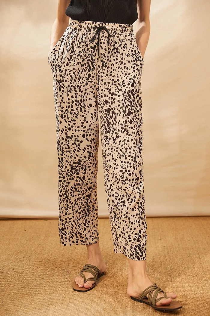 Calças largas casuais de verão para mulheres com estampa de leopardo e cordão na cintura