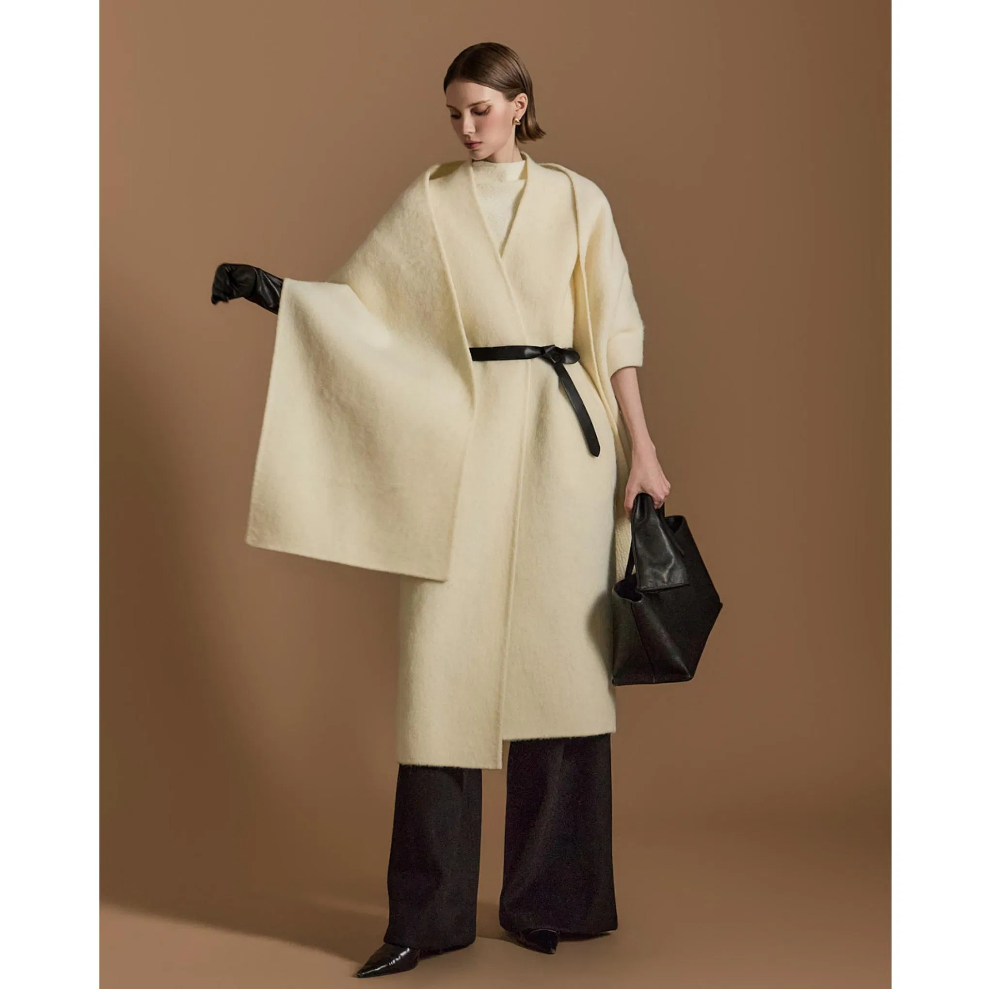 Casaco de Lã com Gola de Cape de Luxo para Mulheres, Oversized, com Cinto, Sobretudo Longo de Lã, Elegante, Roupa Externa