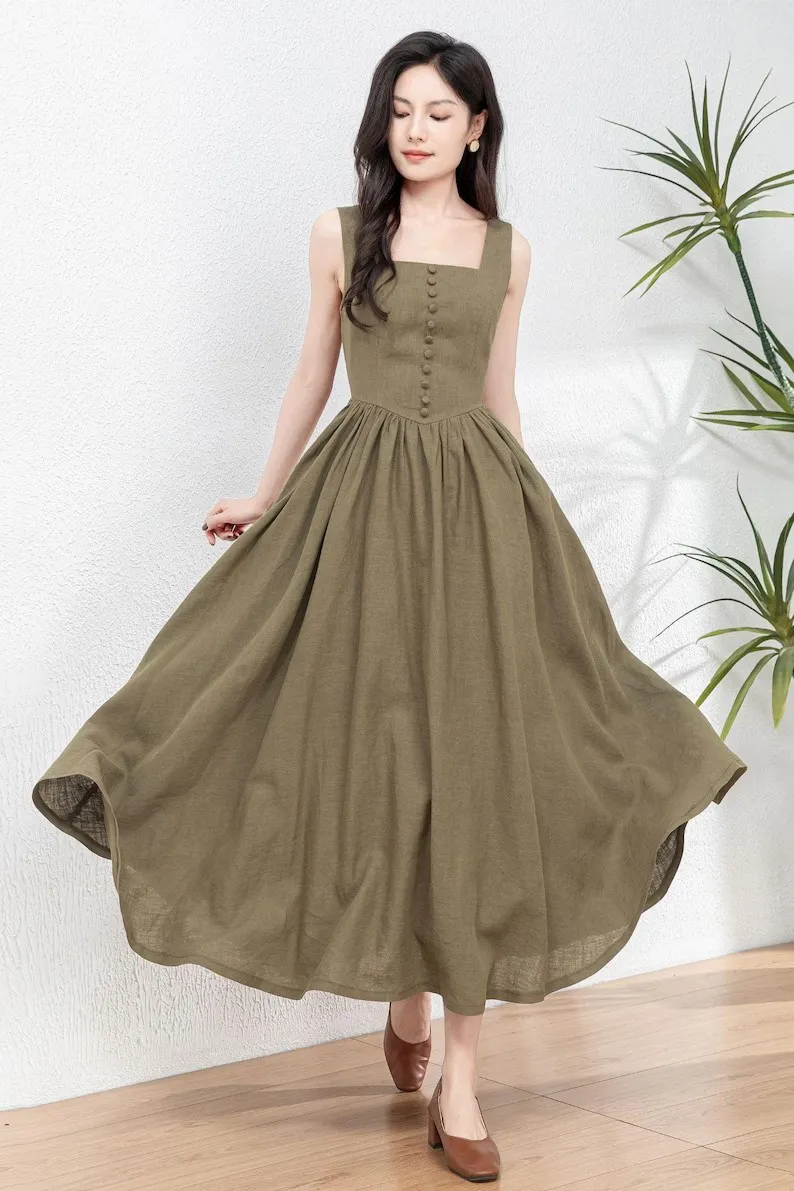 Vestido Maxi de Linho Feminino Trendy com Exclusivas Aplicações de Botões