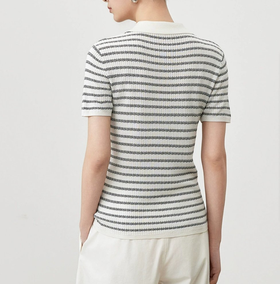 Fábrica Personalizada Blusas de Seda para Mulheres com Manga Curta Listrada e Gola Polo