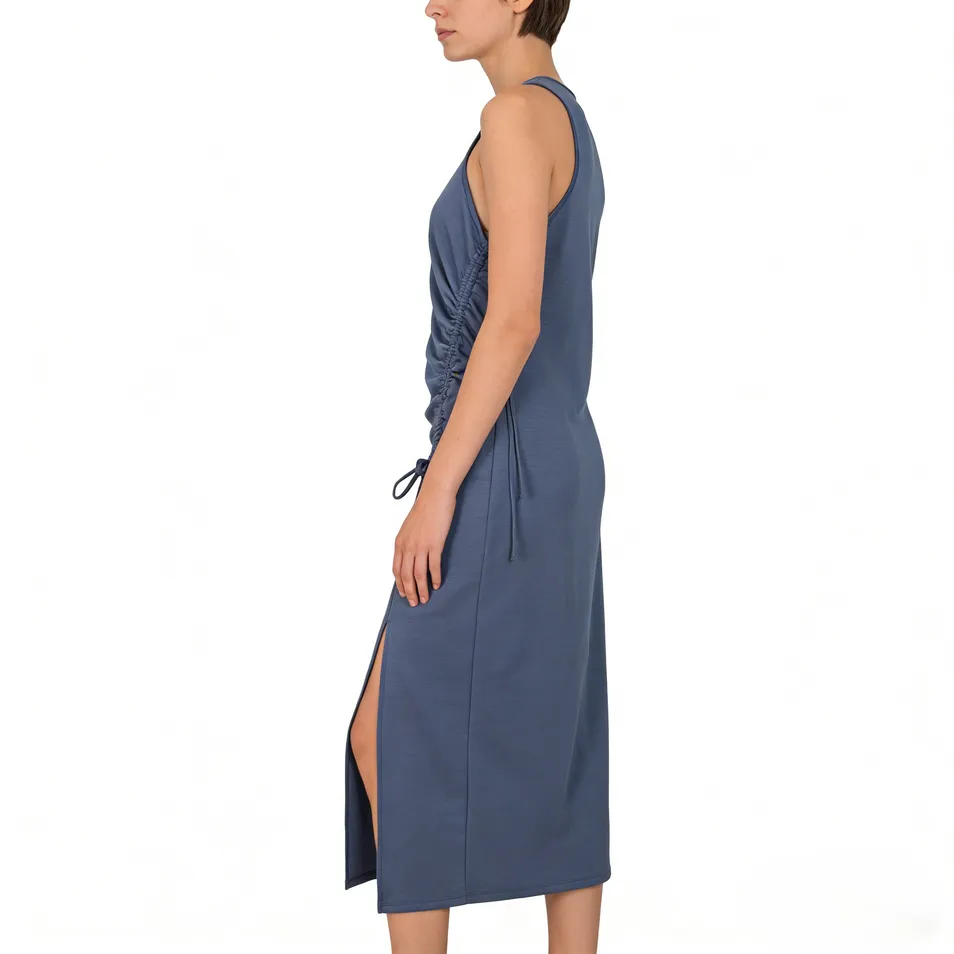 Vestido Midi Casual Sem Mangas com Cintura Franzida em Tecido Scuba Macio e Elástico para Mulheres