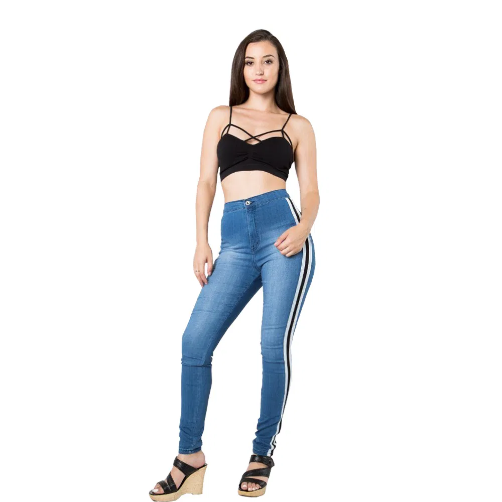 Calças de mulher personalizadas de fábrica, de alta qualidade, em denim de algodão com alta elasticidade, roupas cargo, calças skinny com laterais