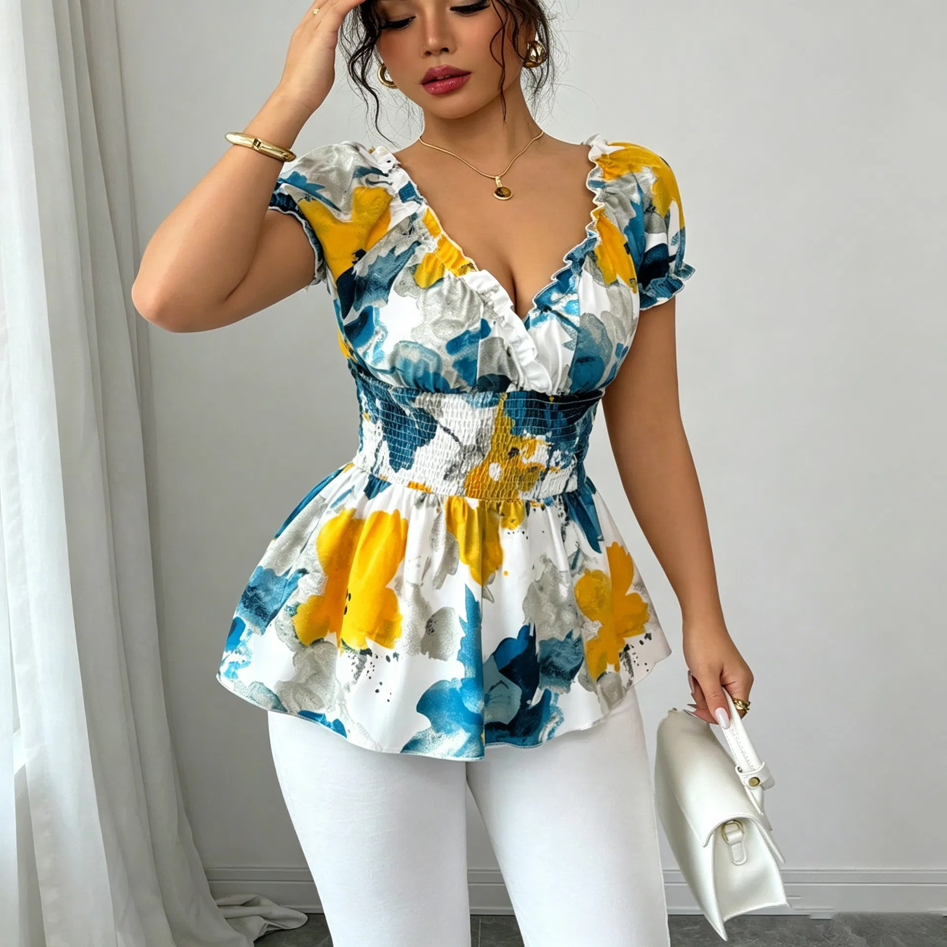 Blusa peplum ajustada de verão com decote em V, mangas curtas com babados, cintura smock e estampa floral para mulheres, personalizada OEM ODM