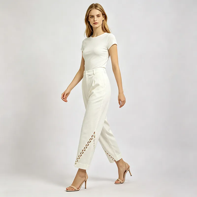 Calças cropped de cintura alta off white com recortes laterais, calças soltas plissadas para escritório, modelo reto para mulheres, personalização OEM