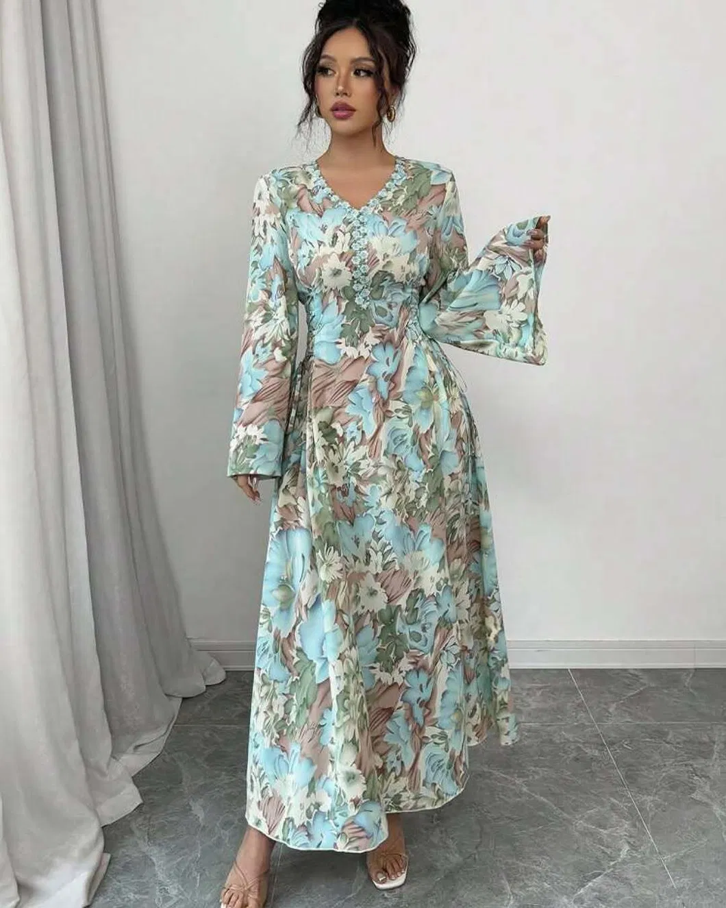 Vestido Maxi Floral de Chiffon para Mulheres, com Decote em V, Manga Sino, Vestido Longo Boho, Vestido em A-Line