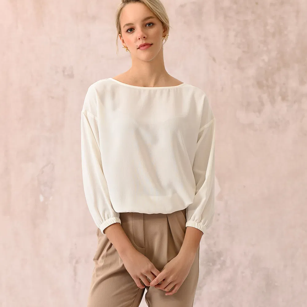 Blusa de Chiffon Casual para Mulheres, Manga Longa, Gola Redonda, Punhos Elásticos, Camisas Elegantes para Mulheres
