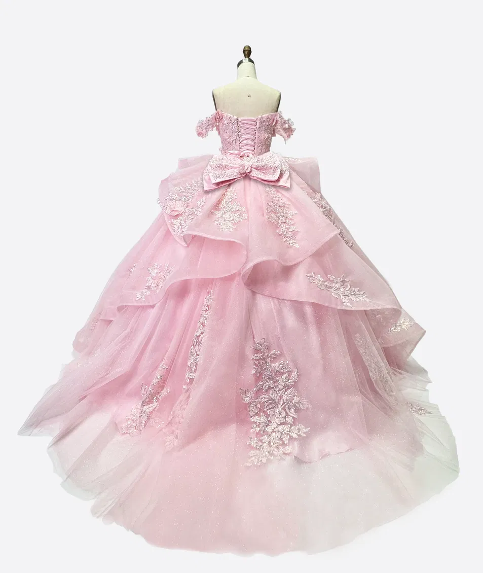 Vestido de Festa de Quinceanera Rosa Princesa Off Shoulder com Decote Coração em Renda para Mulheres, Vestido de Casamento, Vestido de Menina, Vestido de Baile