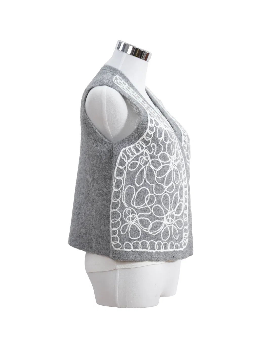 Colete sem mangas bordado em acrílico cinza névoa vintage para mulheres, roupa de outono
