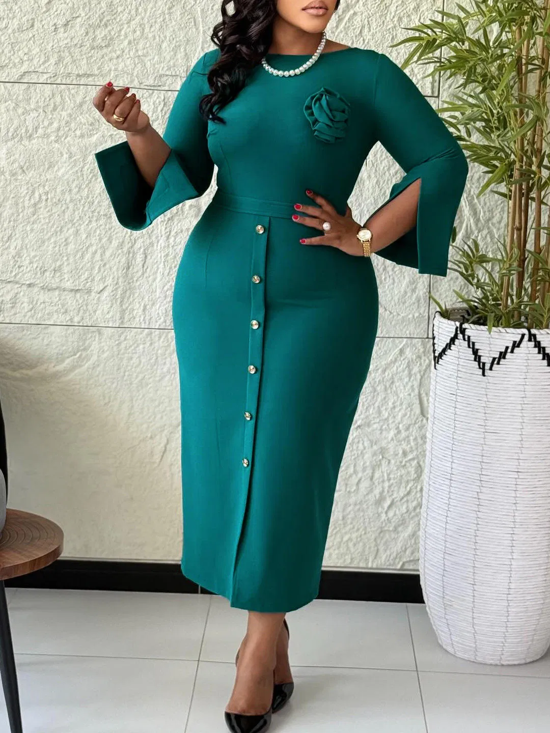 Elegante Blusa Feminina com Mangas Largas e Botões Florais, Ajuste Slim, Estilo Africano, Roupas de Trabalho Femininas