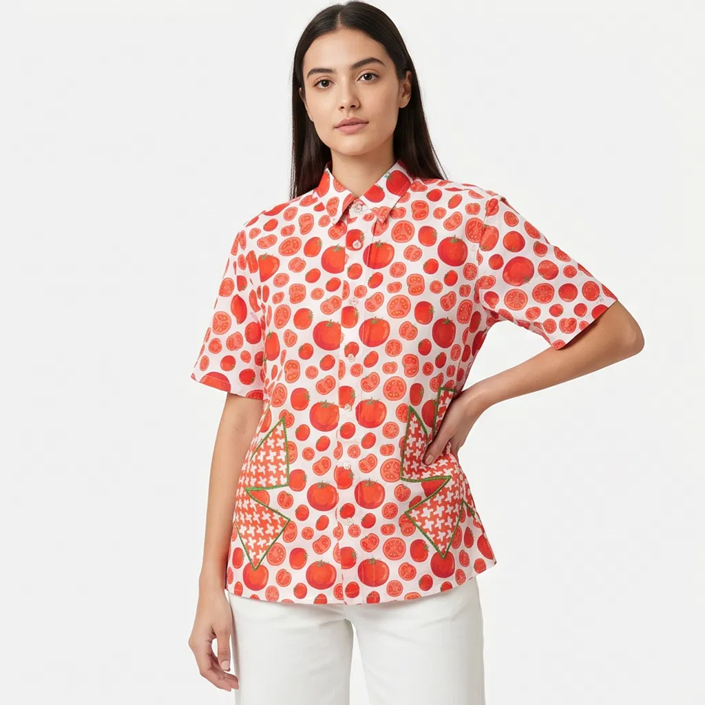 Camisa de manga curta com estampa de tomate para mulheres, colarinho dobrado, padrão contrastante em spliced, bolso solto, blusa casual, fabricante de roupas por atacado