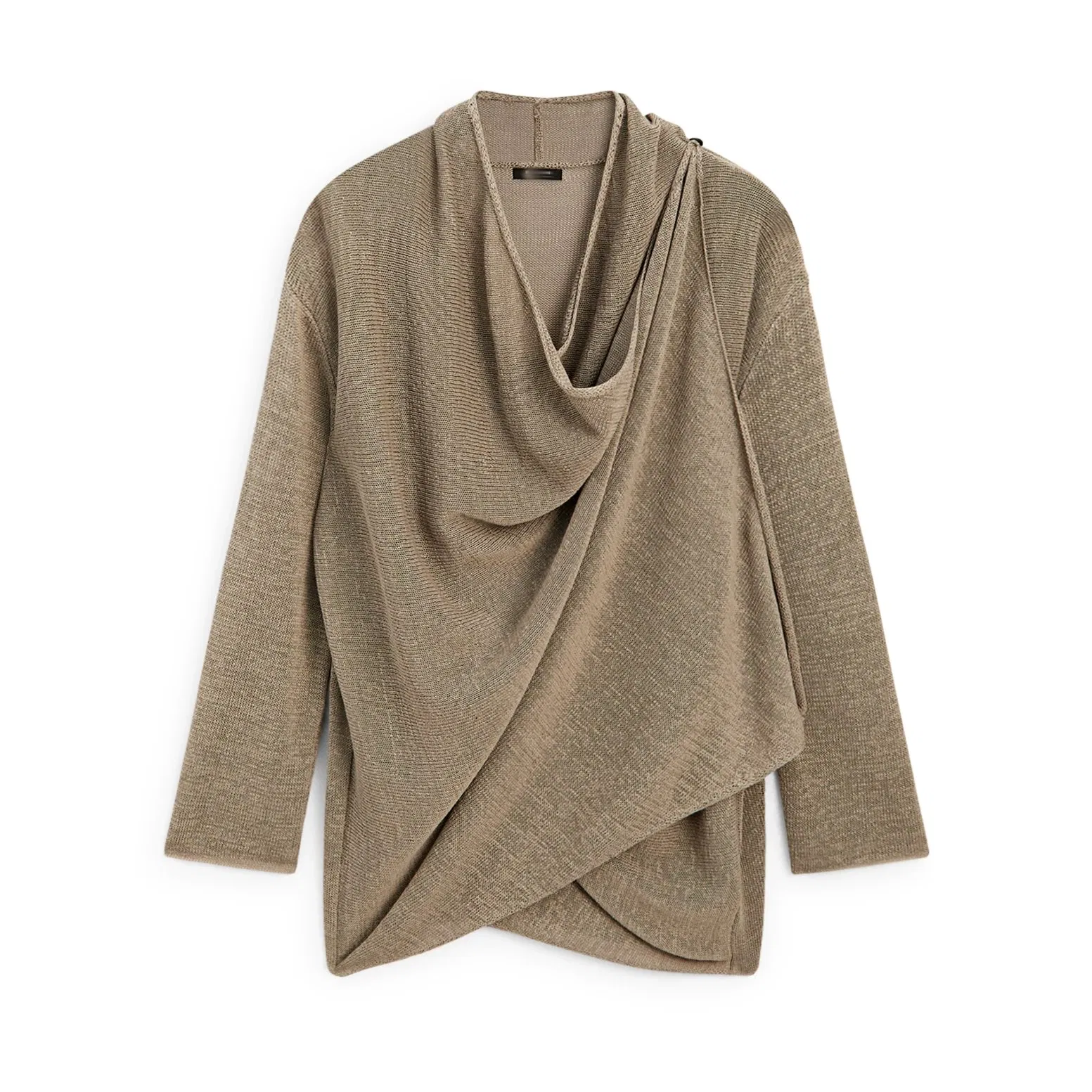 Cardigã de Linho Misturado Estilo Cape para Férias, Suave, com Gola Cowl Drapada, Vintage, Elegante, Luxuosa, Top de Malha para Mulheres, Moda Feminina, Malharia por Atacado