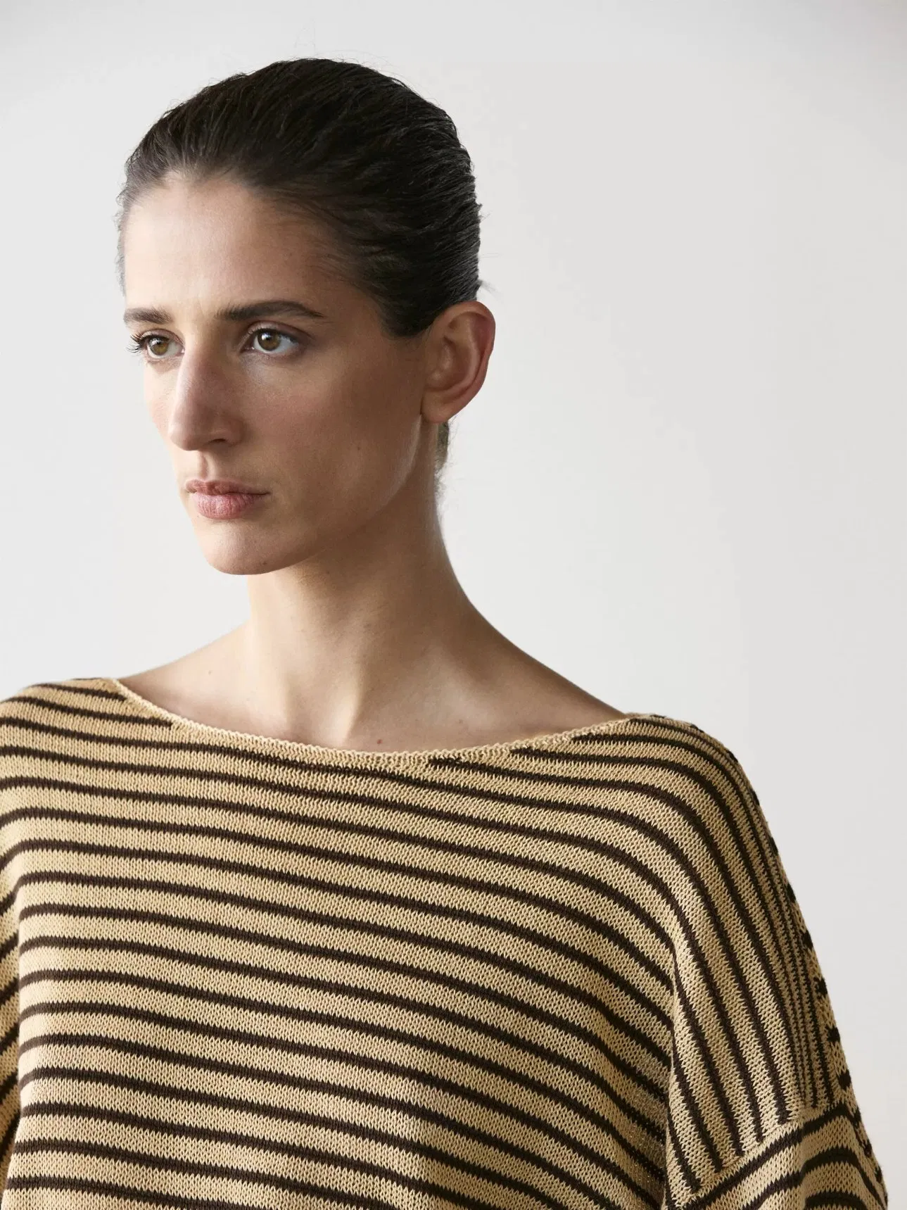 Suéter feminino casual de malha com gola barco listrada, solto, de algodão, novo estilo, manga longa, fabricação de roupas femininas por atacado