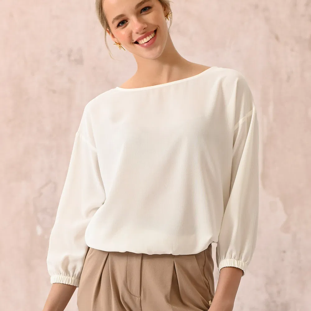 Blusa de Chiffon Casual para Mulheres, Manga Longa, Gola Redonda, Punhos Elásticos, Camisas Elegantes para Mulheres