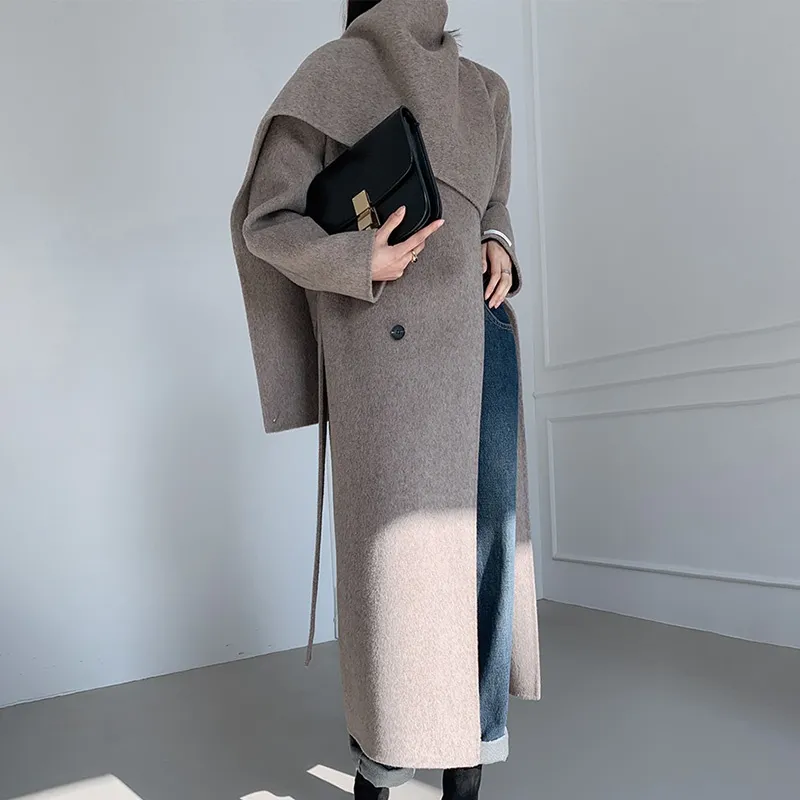 Vendas Diretas de Fábrica de Cachecóis Femininos, Casacos Longos de Lã de Cashmere com Gola, Casacos de Lã Dupla Face