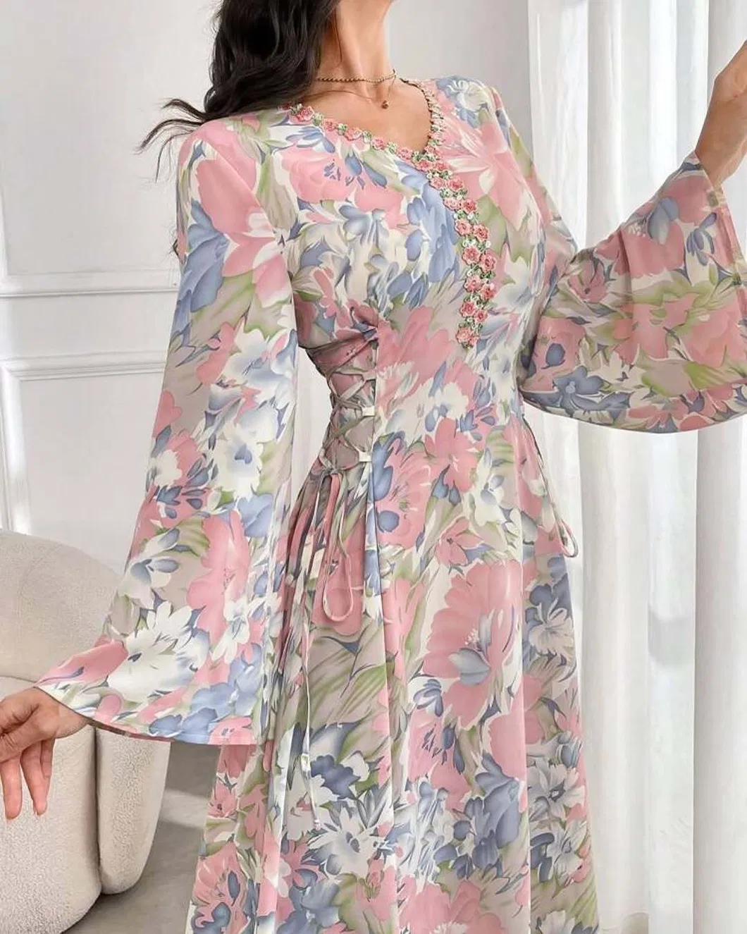 Vestido Maxi Floral de Chiffon para Mulheres, com Decote em V, Manga Sino, Vestido Longo Boho, Vestido em A-Line