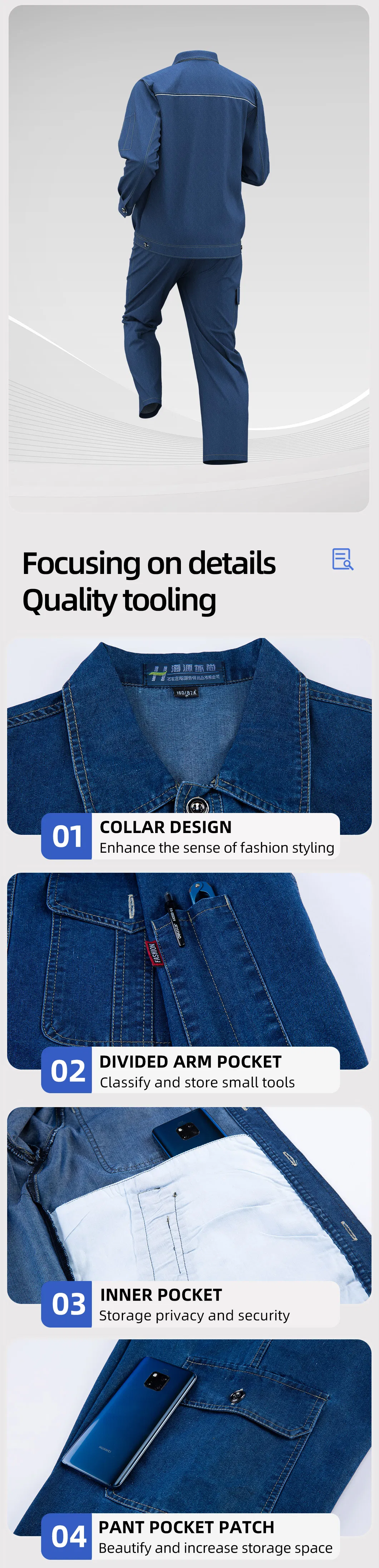 Conjunto de Trabalho de Jeans Macio de Manga Longa de Verão, Confortável, com Refletor, Denim para Homens e Mulheres